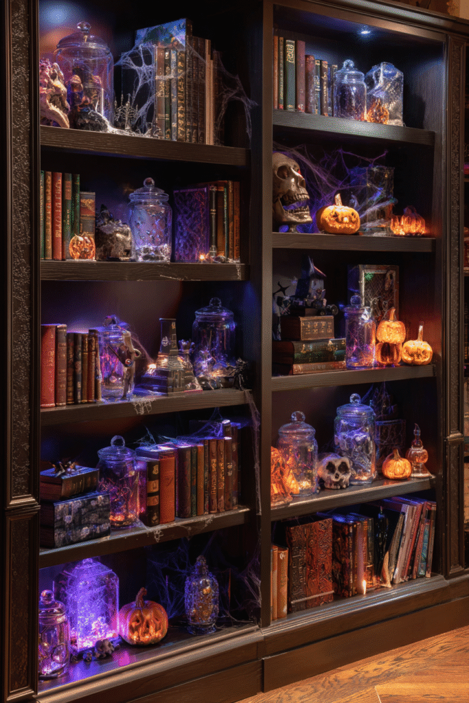 Home Theater Halloween Spooky Bookcase and Decor Ideas