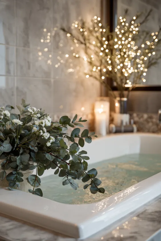 Master Bathroom Wall with Spa-Like Eucalyptus and White Christmas Lights