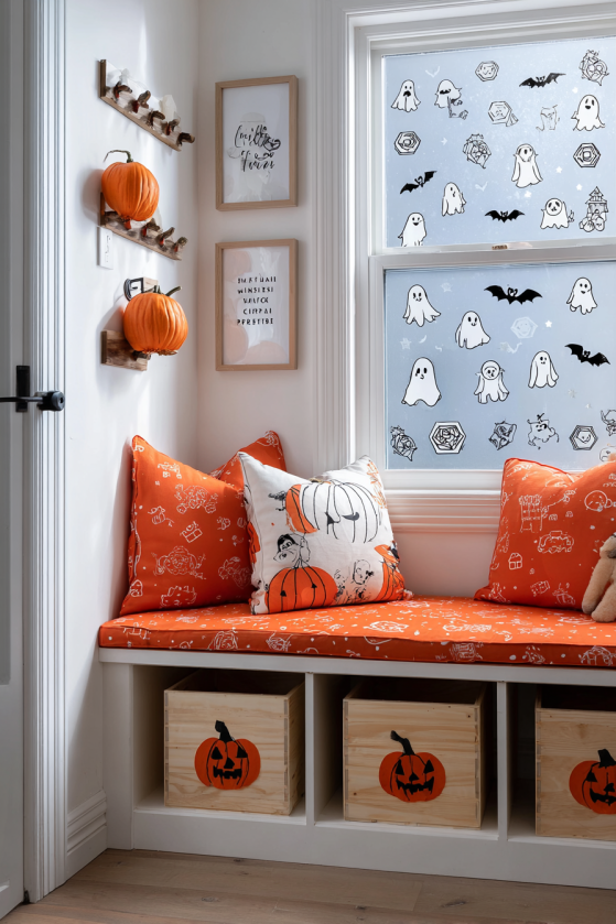 Mudroom Halloween Organization with Ghost-Shaped Coat Hooks