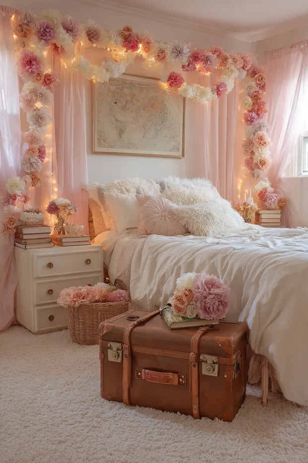 Teen Girl's Bedroom with Paper Flower Garlands and Vintage Suitcase Nightstands