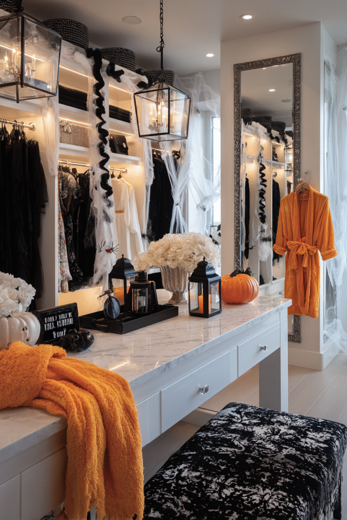 Walk-in Closet Dressing Room Black White and Orange Halloween Decor Ideas