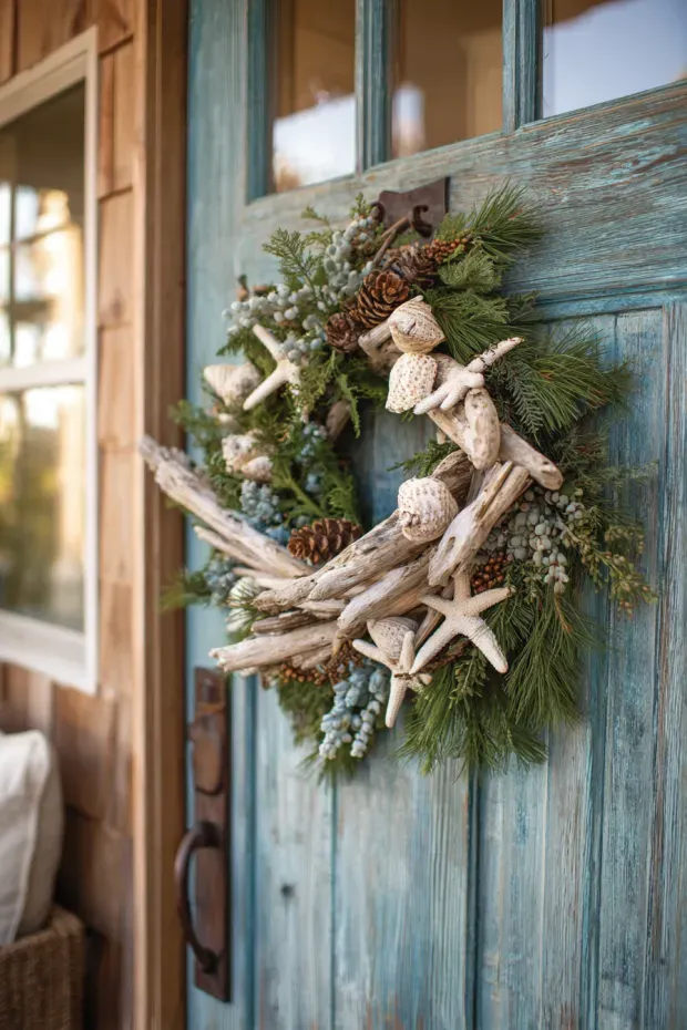 Coastal Cottage Display with Driftwood, Evergreens, and Nautical Touches