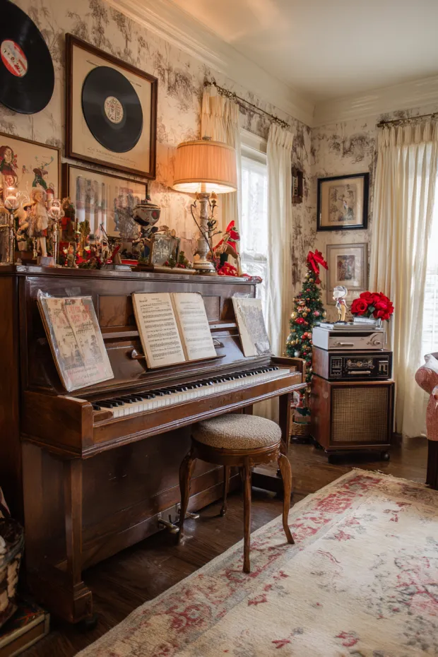 Vintage Music Room Christmas with Antique Sheet Music