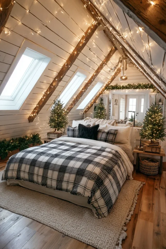 Attic Holiday Hideaway- Skylighted Evergreen Christmas Bedroom