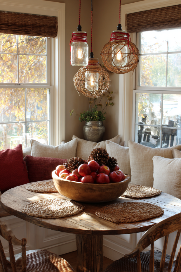 Kitchen Breakfast Nook with Apple Pinecone Centerpiece and Brown Paper Placemats