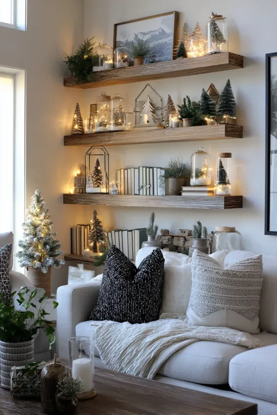 Living Room Floating Shelf Christmas Arrangement