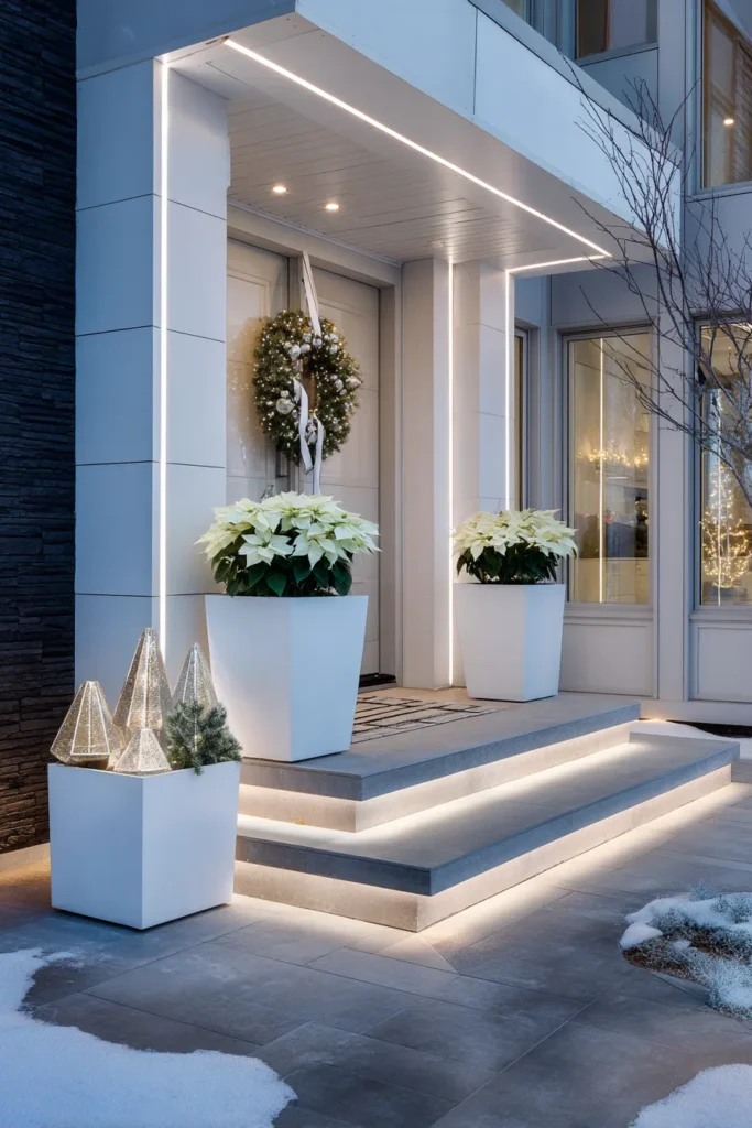 Modern Minimalist Christmas Porch with White Poinsettias
