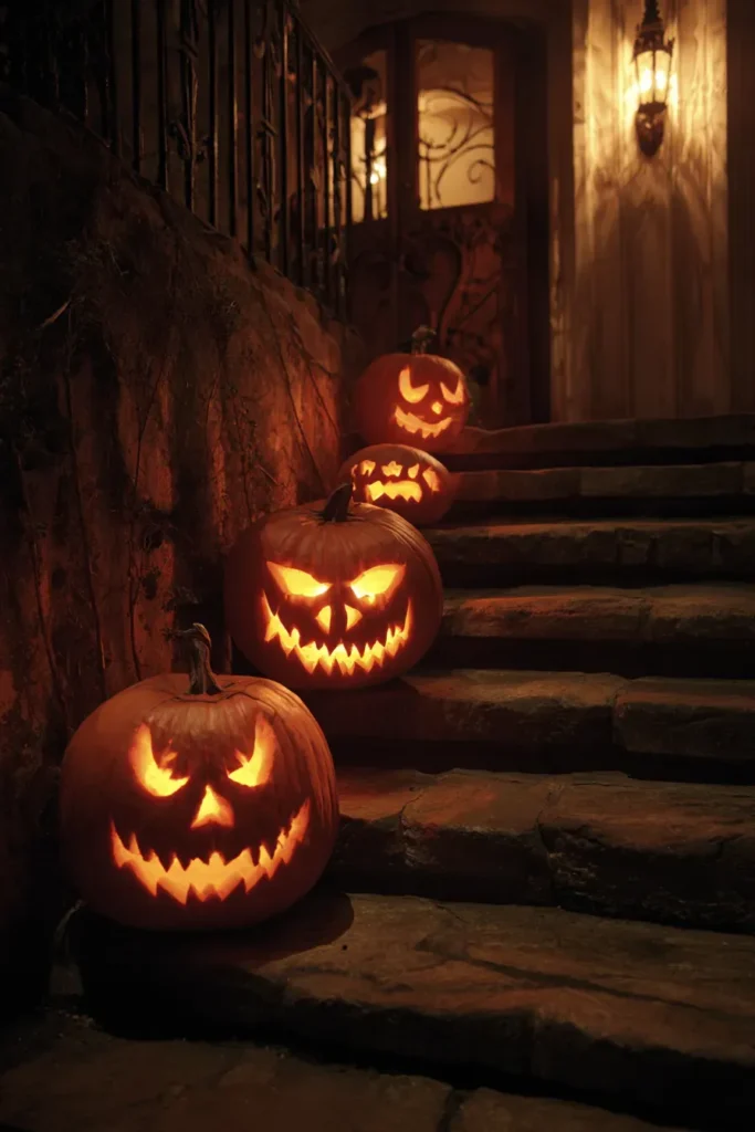 Sinister Entryway: Deeply Carved Pumpkin Horror Display