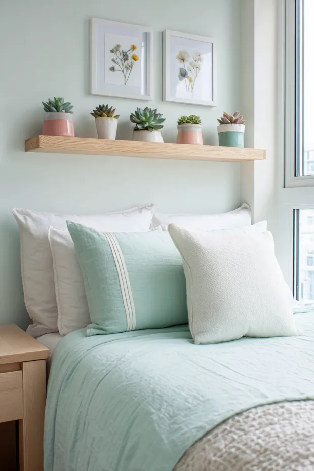 Small Bedroom with Miniature Succulent Pots and Pressed Flower Art