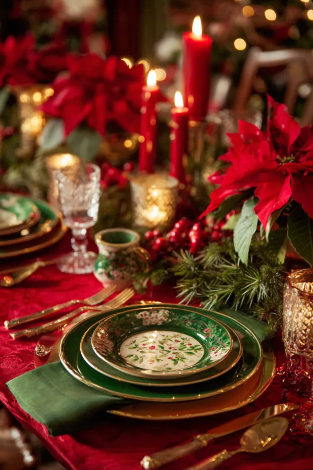 Traditional Red and Green Christmas Dining with Festive Glow