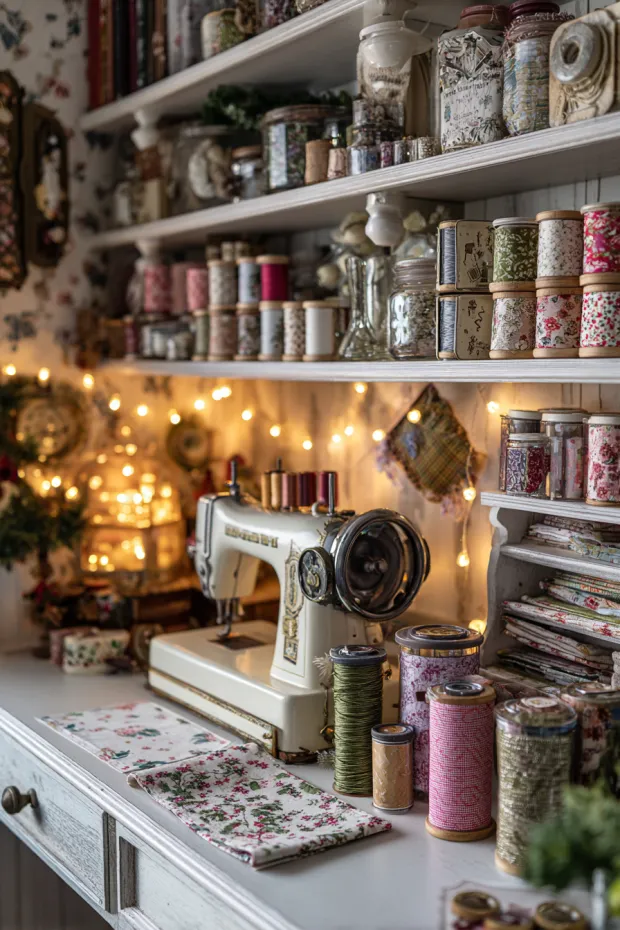 Crafty Vintage Sewing Room Christmas with Antique Notions