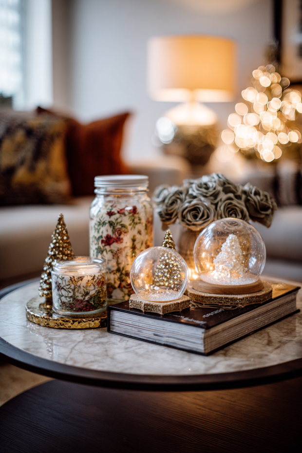 Living Room Coffee Table with Baby Food Jar Snow Globes
