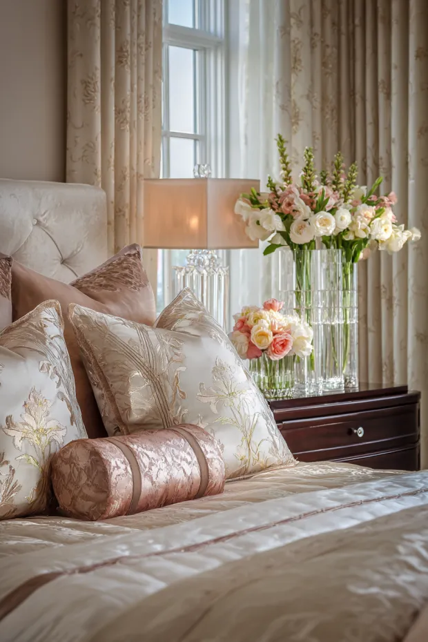 Luxury Master Bedroom with Silk Bedding and Fresh Peony Arrangements
