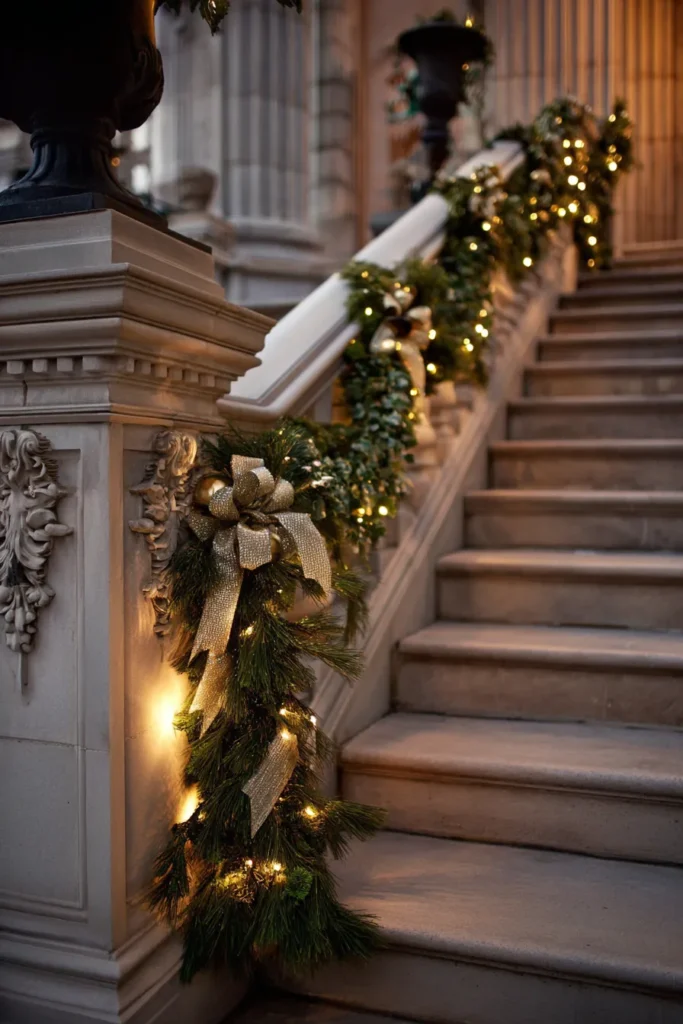 Outdoor Staircase Christmas Banister Treatment