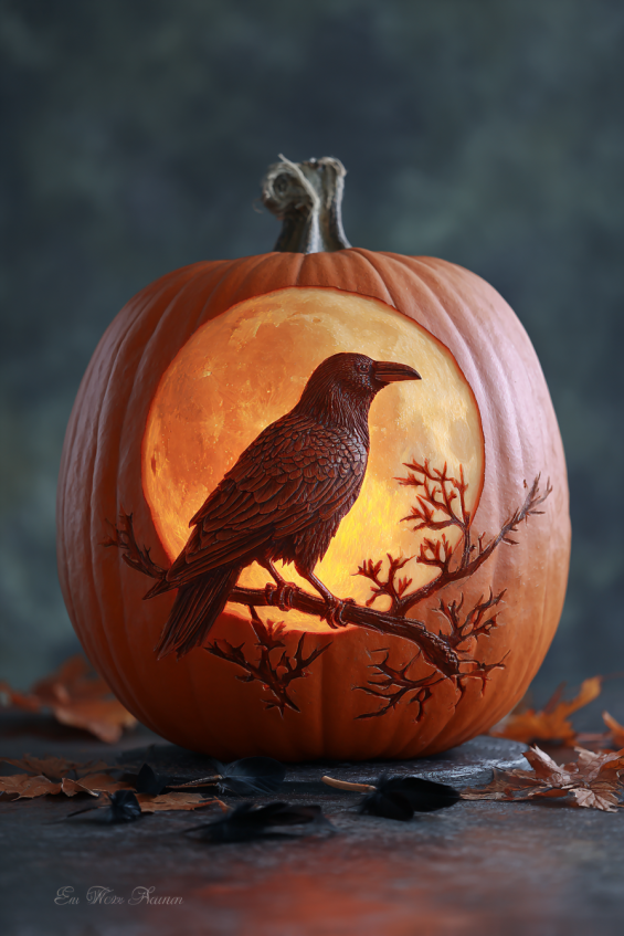 Raven on Branch Pumpkin Carving with Moon Background