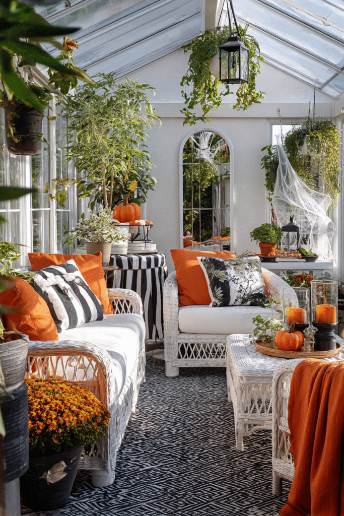 Sunroom Garden Room Black White and Orange Halloween Decor Ideas