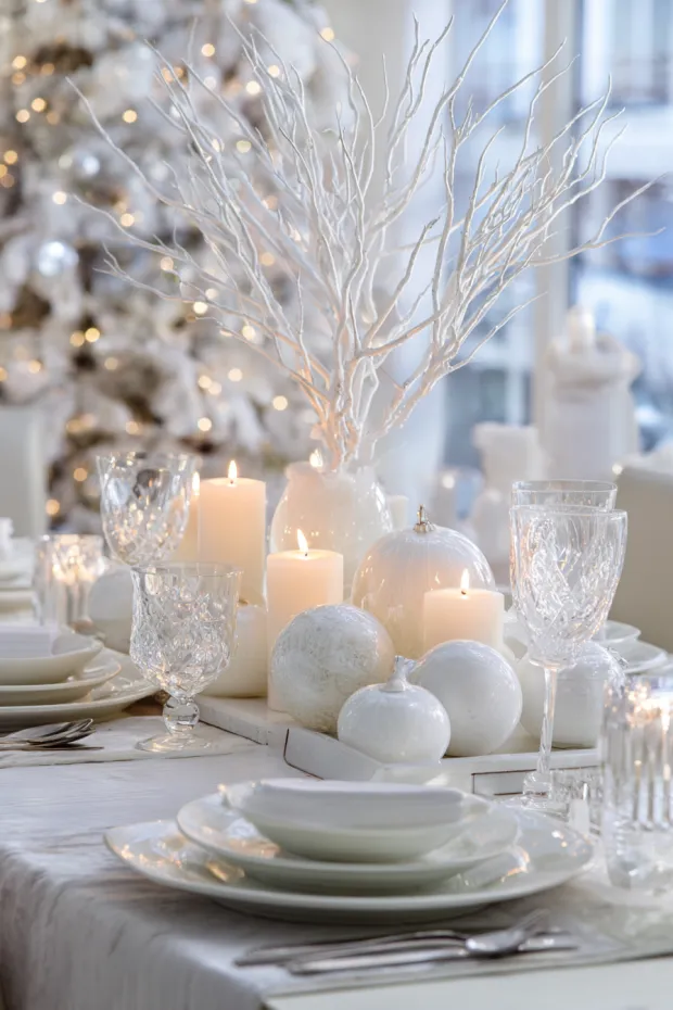 Monochromatic White Christmas Dining Table with Winter Wonderland Look