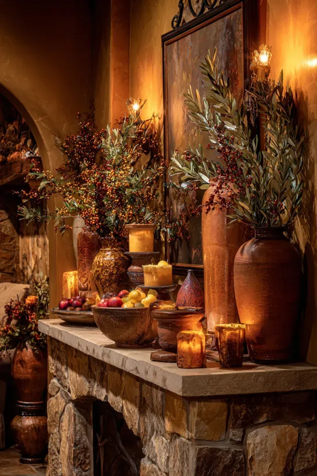 Mediterranean Home Styling with Olive Branches and Holiday Greenery