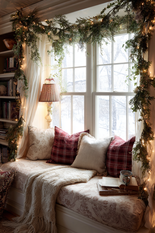 Bedroom Window Seat with Repurposed Fabric Pillows and Paper Chains