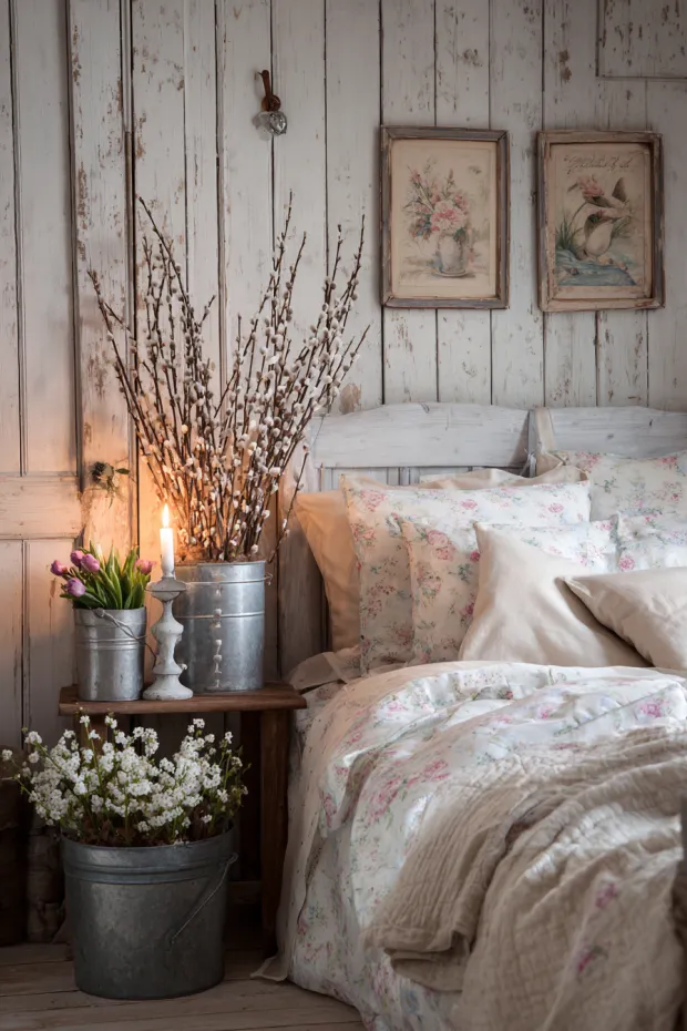 Cottage Bedroom with Decoupaged Easter Cards and Pussy Willow Branches