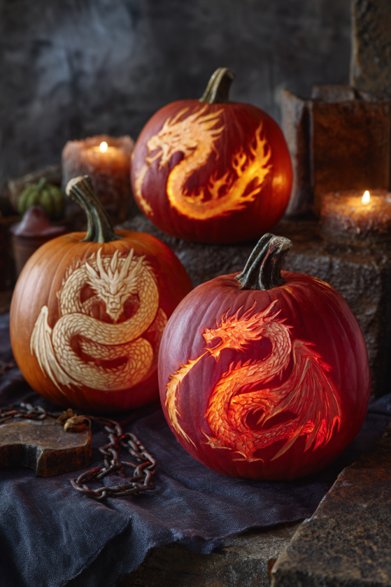 Dragon and Snake Themed Pumpkins with Scaled Texture Work
