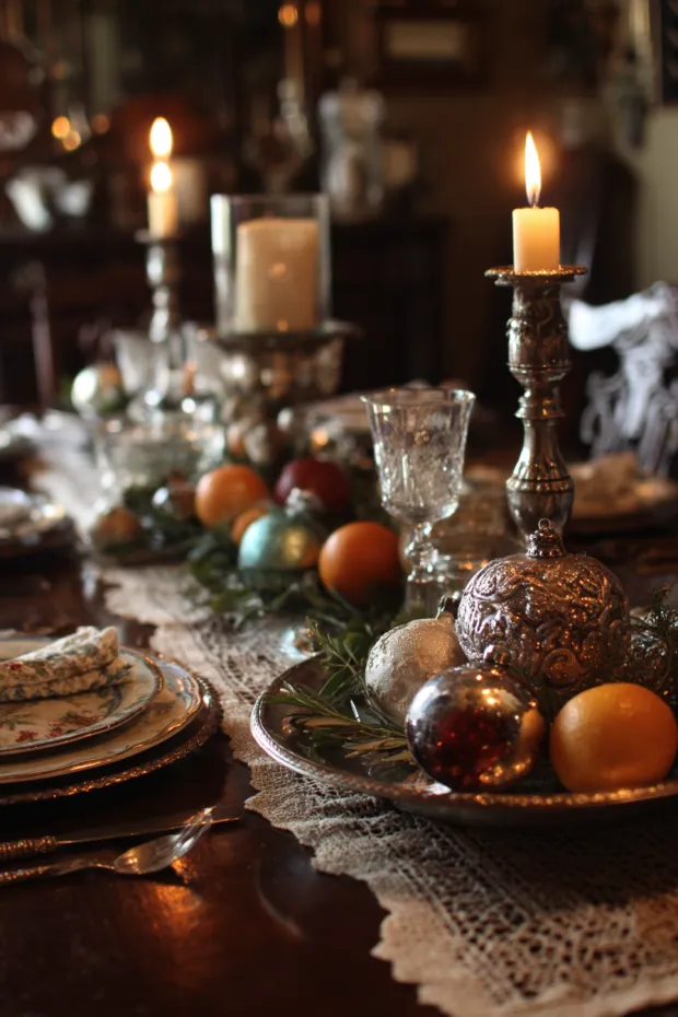 Eclectic Vintage Holiday Dining Table with Antique Decorative Touches