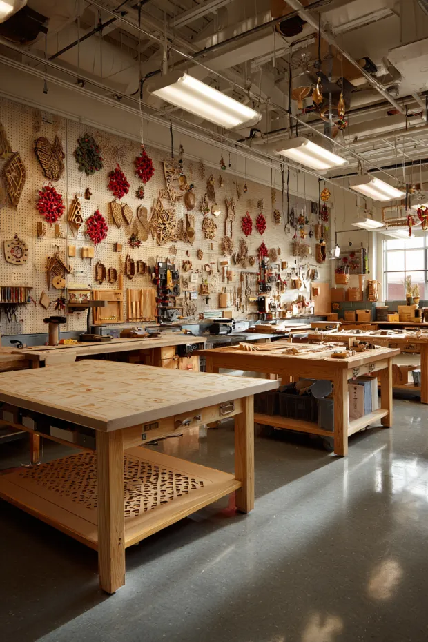 Woodshop Classroom with Student-Made Wooden Ornaments and Tool Ribbons