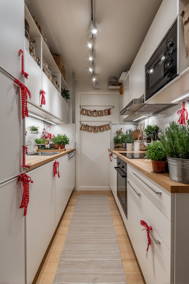 Galley Kitchen with Ribbon-Wrapped Handles and Paper Bag Advent Calendar