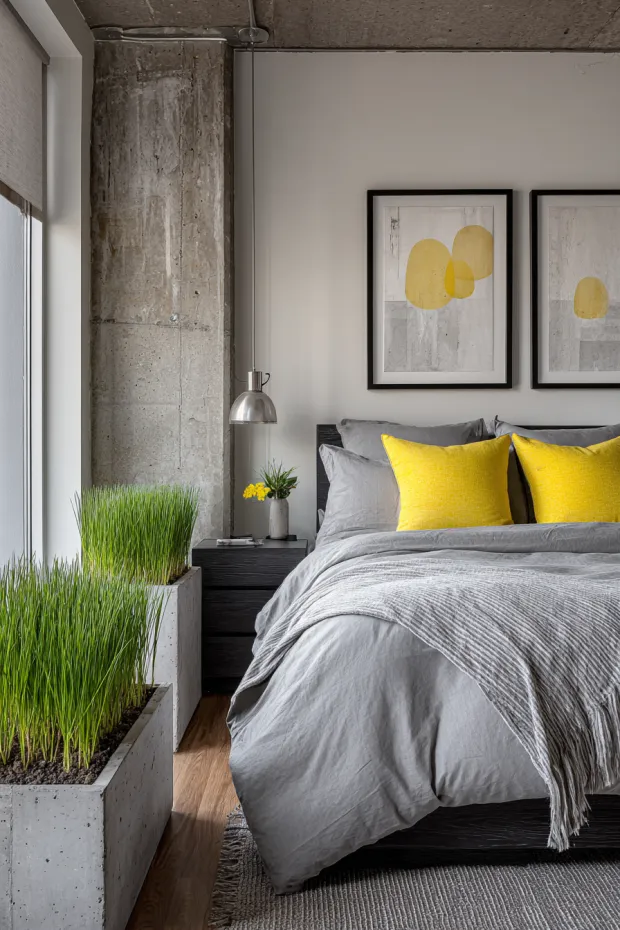 Modern Loft Bedroom with Concrete Grass Planters and Abstract Egg Art