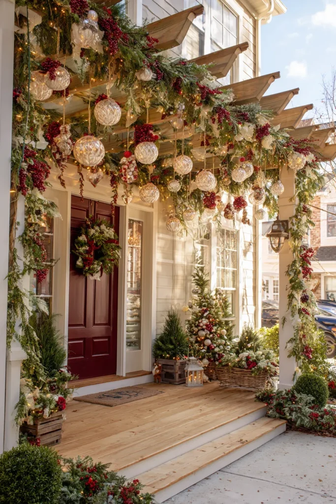 Pergola Porch Christmas Decor with Overhead Hanging Elements