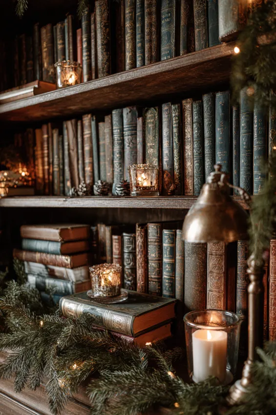 Reading Nook Wall with Floor-to-Ceiling Christmas Book Displays