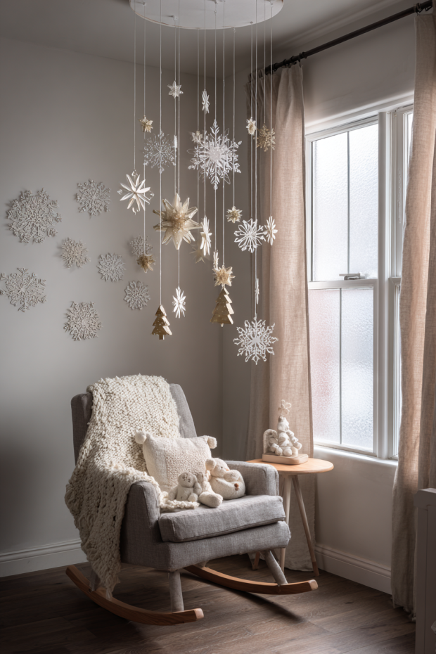 Nursery with Felt Christmas Mobile and Paper Snowflake Walls