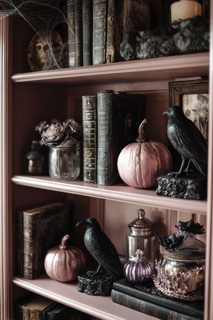 Powder Room Halloween Spooky Bookcase and Decor Ideas