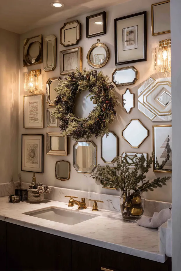Powder Room Wall with Small Mirror Collection Around Central Wreath