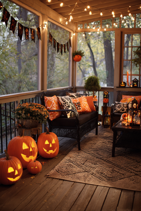 Screened Porch Halloween Setup with LED Jack-o'-Lanterns