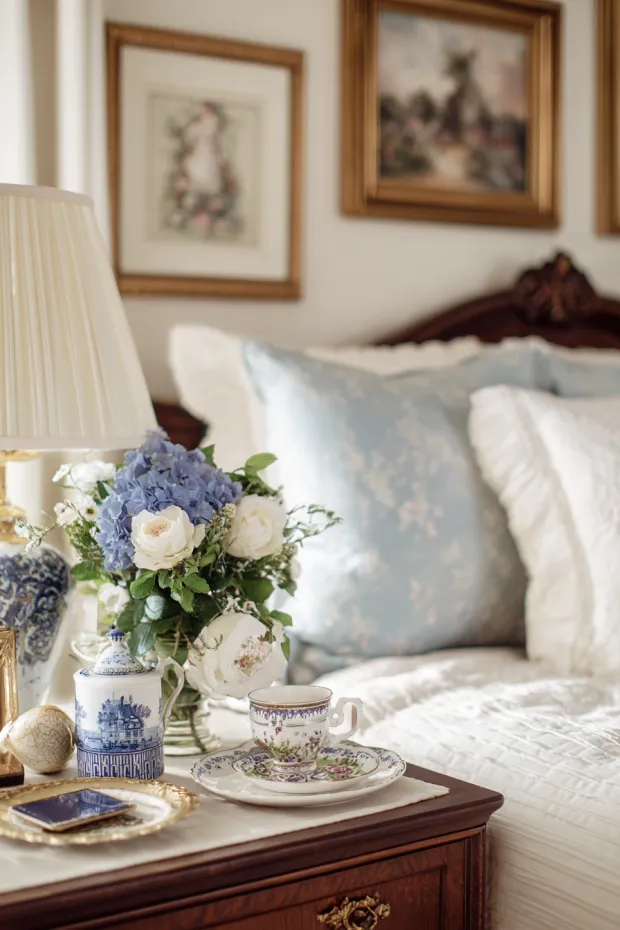 Traditional Guest Bedroom with Vintage China Tea Set and Religious Artwork