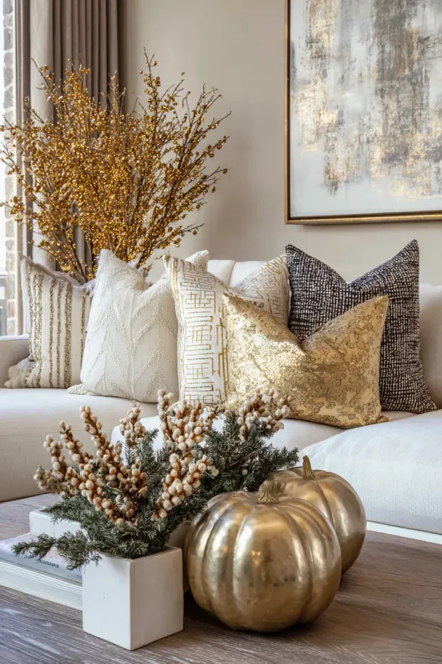Modern Living Room Decor with Creams, Golds, and Greenery