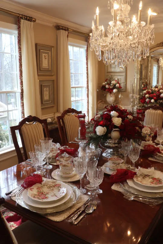 Elegant Vintage Christmas Dining Room with Fine China Setting