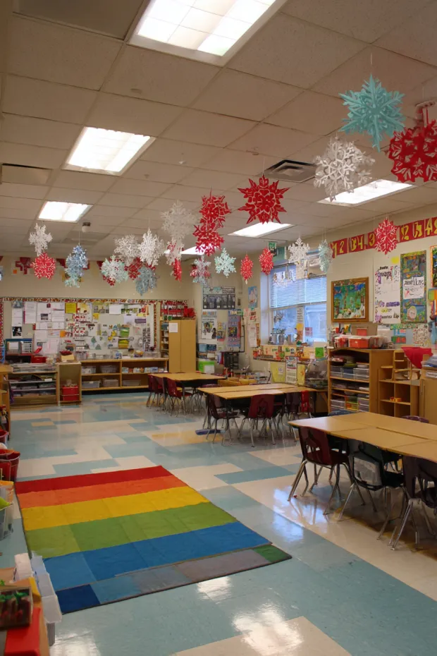 Kindergarten Classroom with Paper Bag Advent Calendar and Ceiling Ornaments
