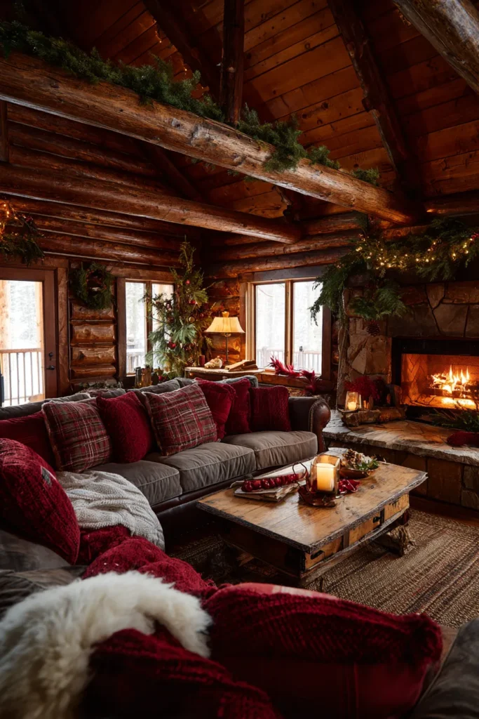Cabin Lodge Living Room with Rustic Christmas Decor