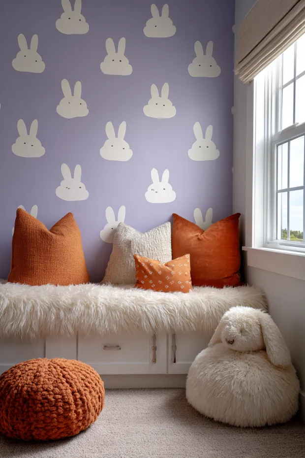 Children's Bedroom with Removable Bunny Decals and Cloud-Shaped Pillows