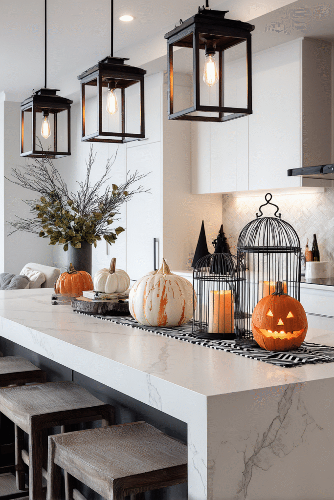 Contemporary Kitchen Island Black White and Orange Halloween Decor Ideas