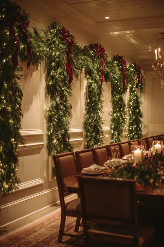 Dining Room Wall with Large-Scale Evergreen Garland Swags and LED Lights
