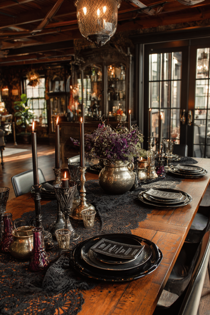 Elegant Witch-Themed Halloween Party Decor Ideas Dining Setup