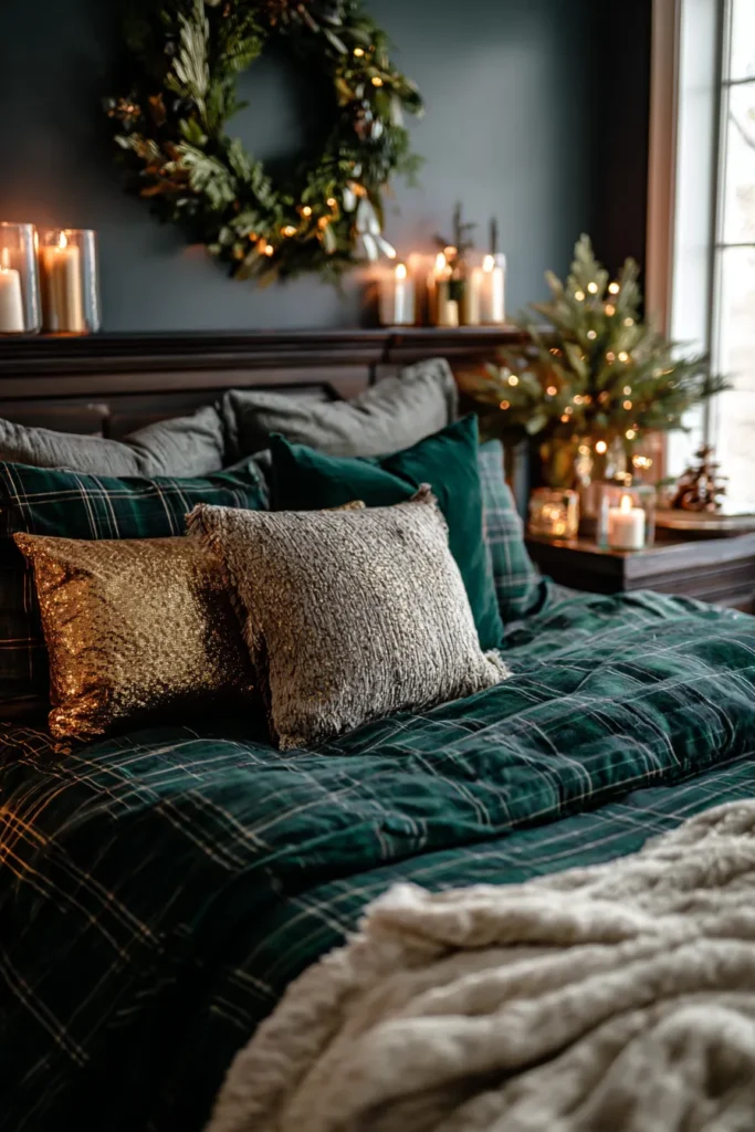 Emerald Elegance- Forest Green and Gold Holiday Master Bedroom