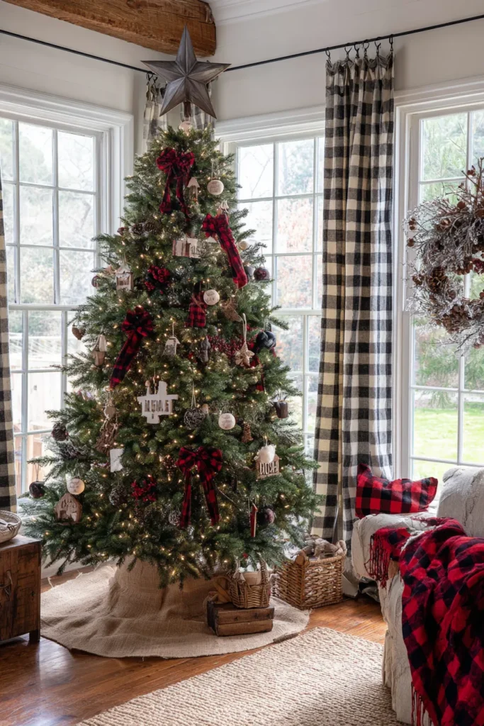 Farmhouse Christmas Tree Ideas with Buffalo Plaid