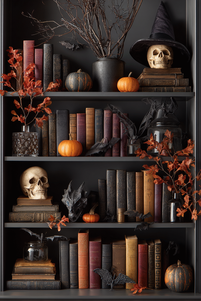 Living Room Built-in Halloween Spooky Bookcase and Decor Ideas