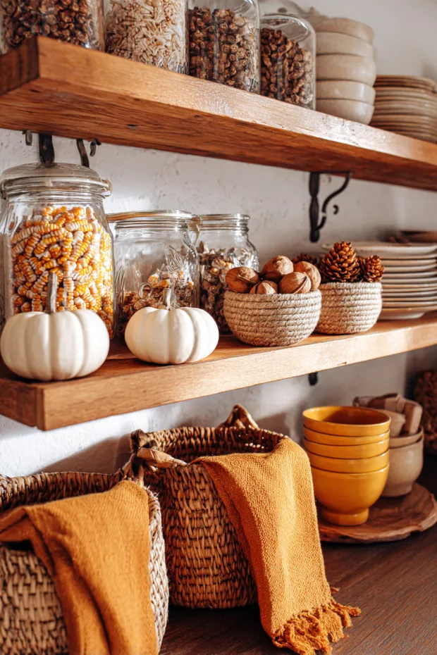 Rustic Fall Kitchen Open Shelving Display