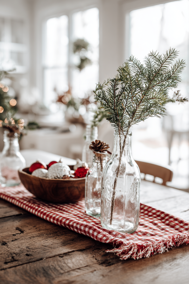 Small Apartment Dining Table with Repurposed Glass Bottle Vases