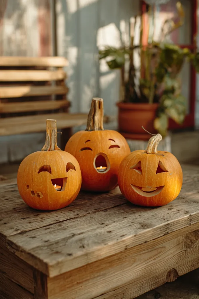 Three Pumpkins with Happy, Surprised, and Winking Faces
